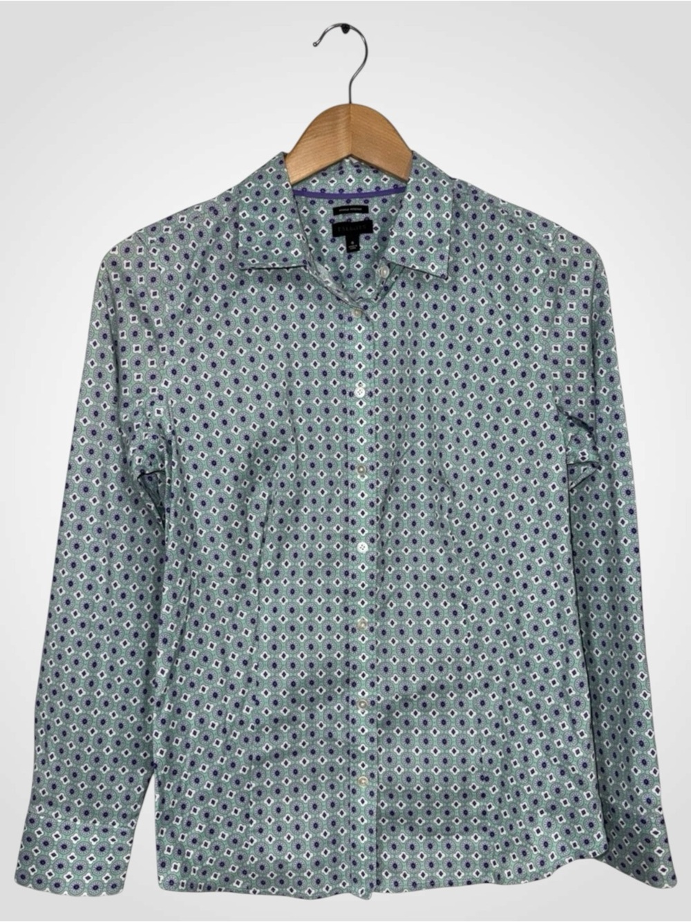WSH47 {Talbots} Blue Purple Printed Long Sleeve Button Down Shirt Top Blouse